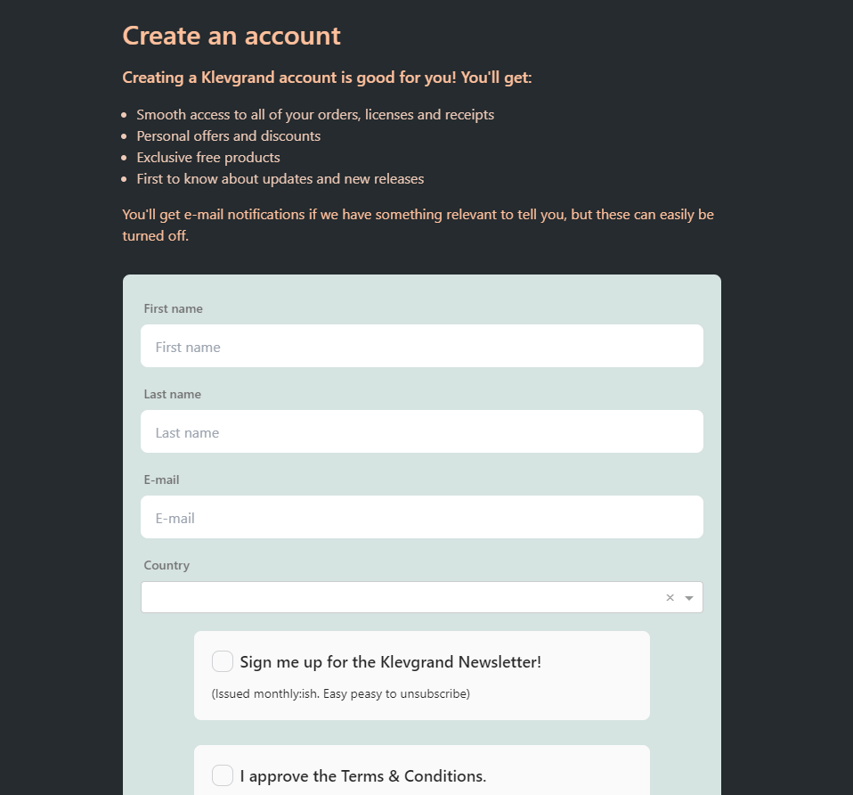 Create an account on klevgrand.com